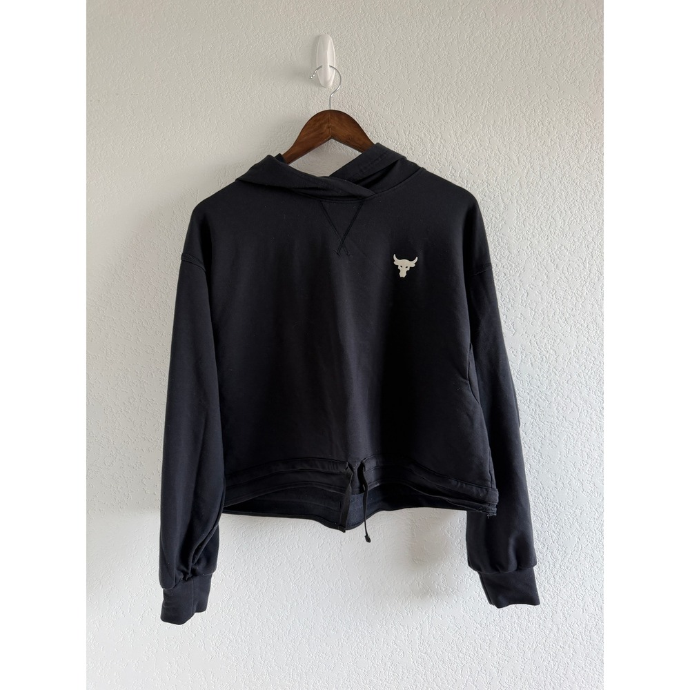 Under Armour Project Rock Crop Hoodie Size S Black Loose Brahma Bull Logo